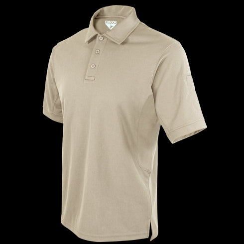 The Condor Short Sleeve Performance Tactical Polo features a light tan color, collar with three buttons, and discreet internal logo—perfect for first responders or law enforcement who need comfort and style.